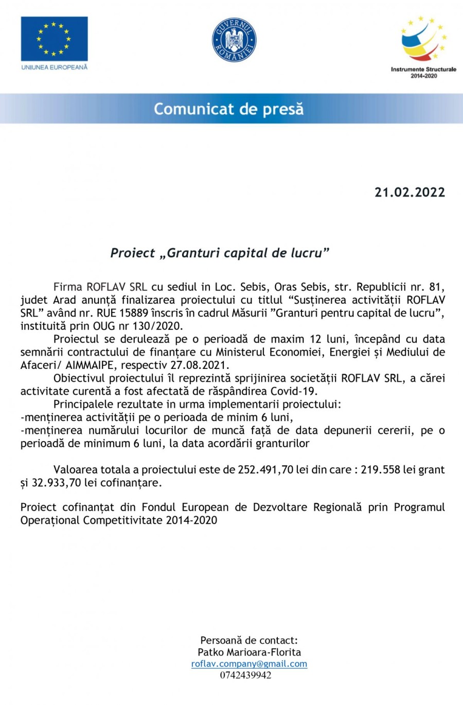 Proiect „Granturi capital de lucru”